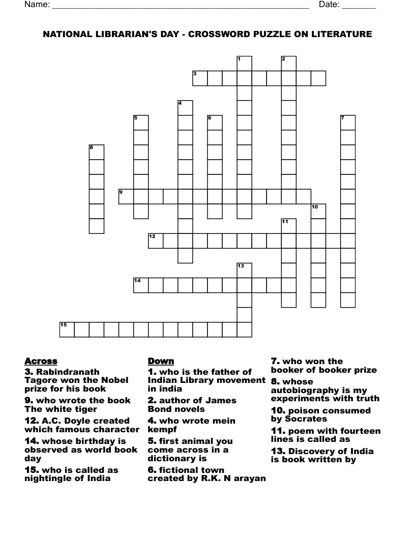 NATIONAL LIBRARIAN'S DAY - CROSSWORD PUZZLE ON LITERATURE
