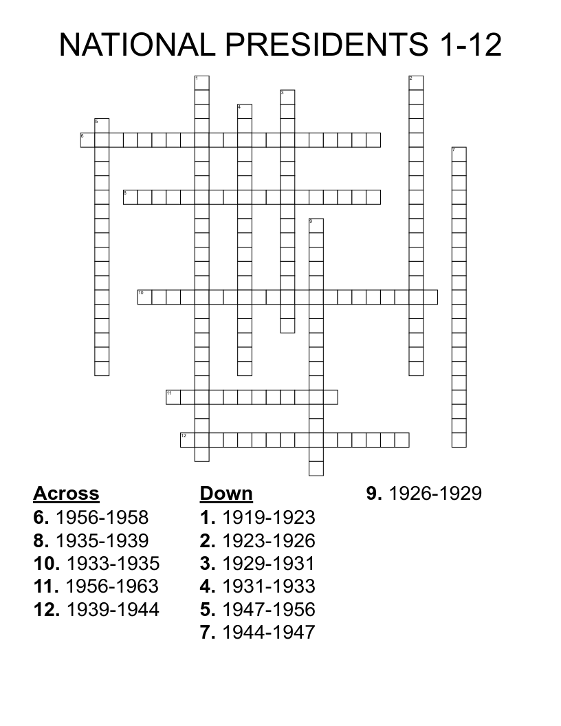 NATIONAL PRESIDENTS 1-12 Crossword