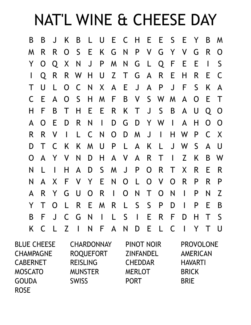 NAT'L WINE & CHEESE DAY Word Search