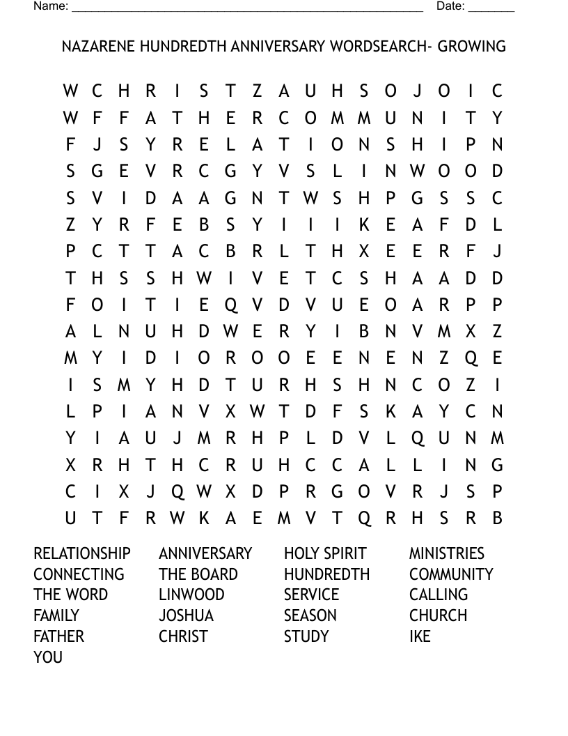 NAZARENE HUNDREDTH ANNIVERSARY  WORDSEARCH- GROWING