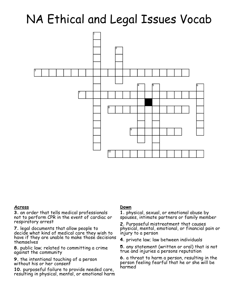NA Ethical and Legal Issues Vocab  Crossword