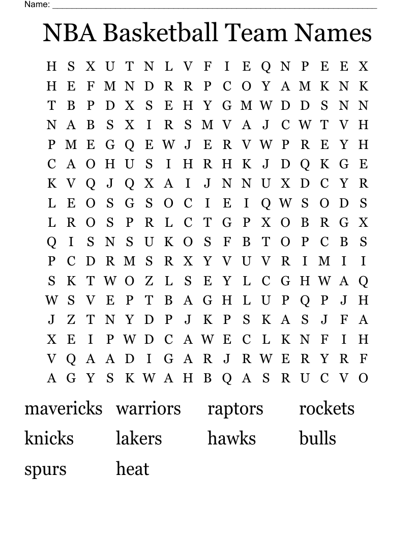 NBA Basketball Team Names Word Search
