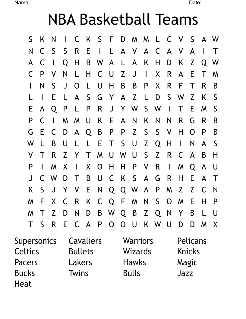 NBA Basketball Teams Word Search