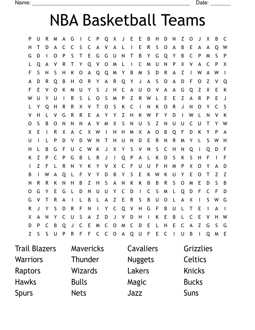NBA Basketball Teams Word Search