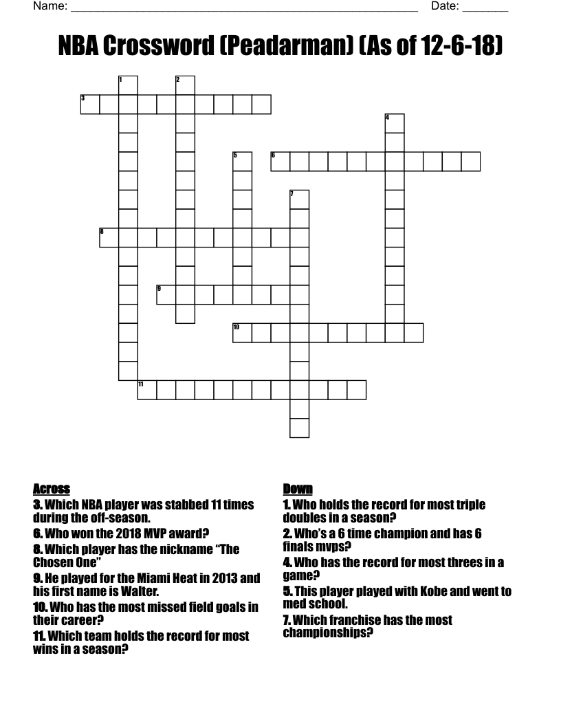 NBA Crossword (Peadarman) (As of 12-6-18)