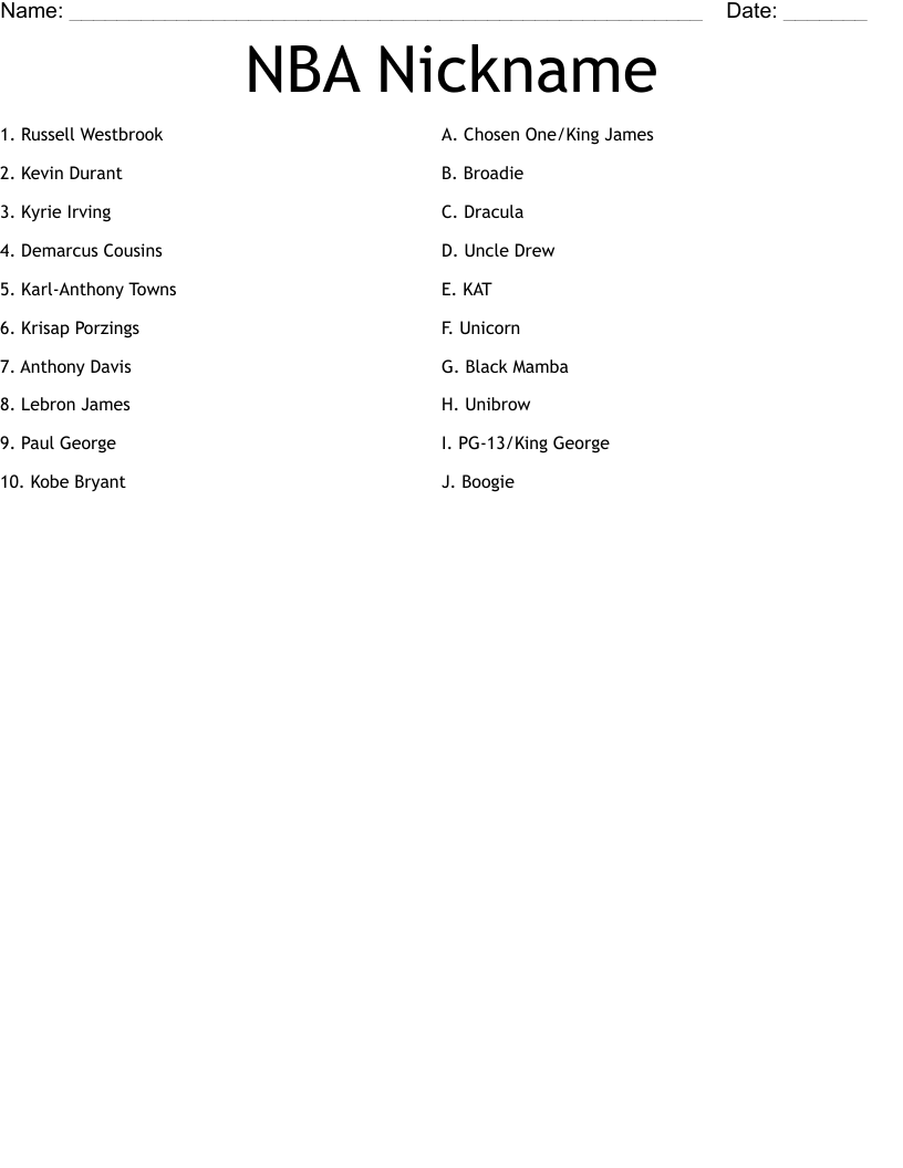 NBA Nickname  Worksheet