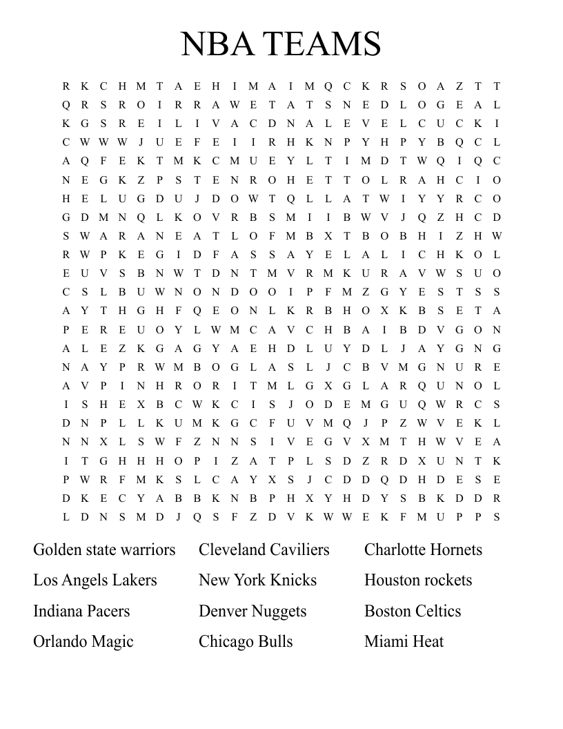 NBA TEAMS Word Search