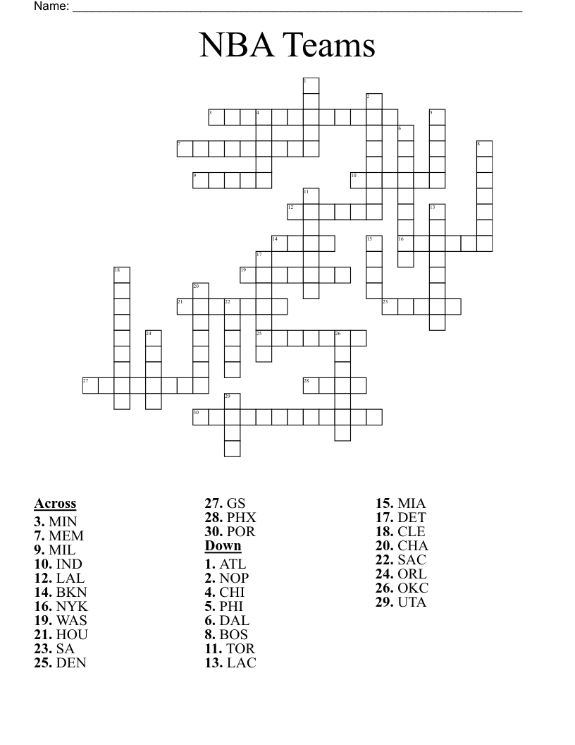NBA Teams Crossword