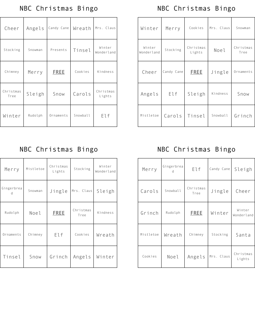 NBC Christmas Bingo