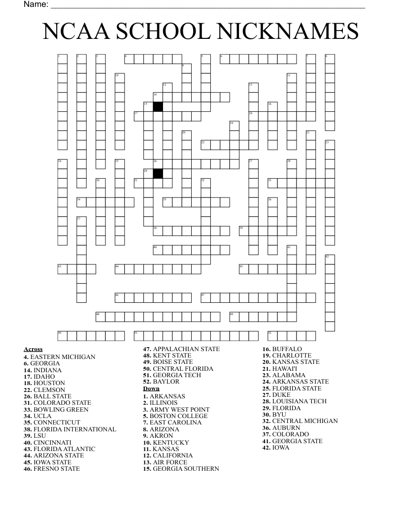 NCAA SCHOOL NICKNAMES Crossword