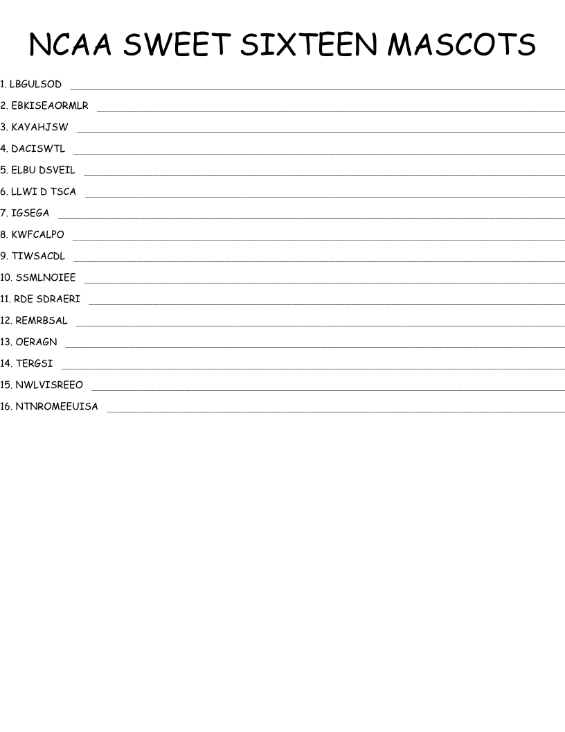 NCAA SWEET SIXTEEN MASCOTS Word Scramble