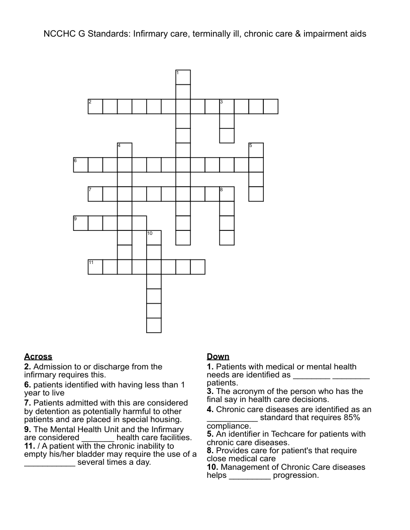 NCCHC G Standards: Infirmary care, terminally ill, chronic care & impairment aids  Crossword
