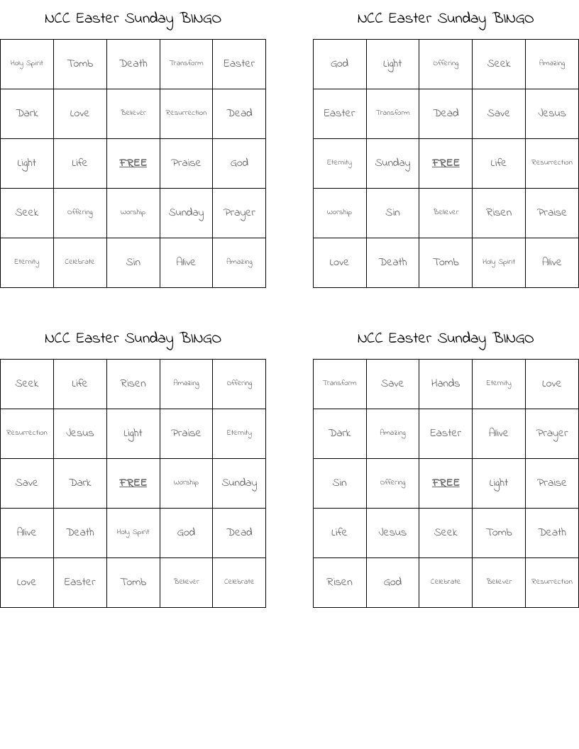NCC Easter Sunday BINGO