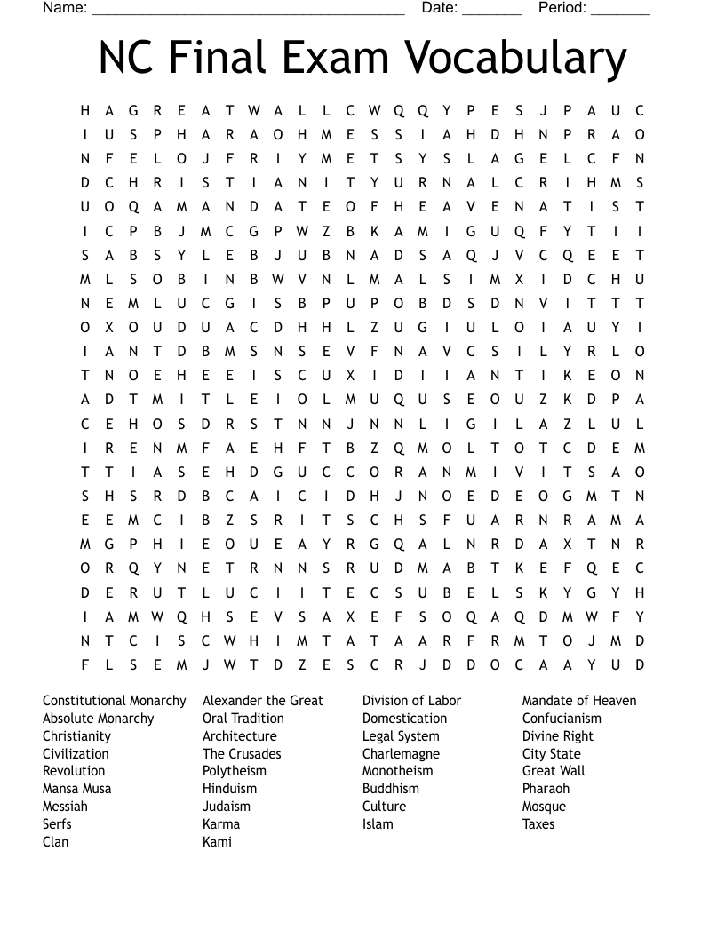NC Final Exam Vocabulary Word Search