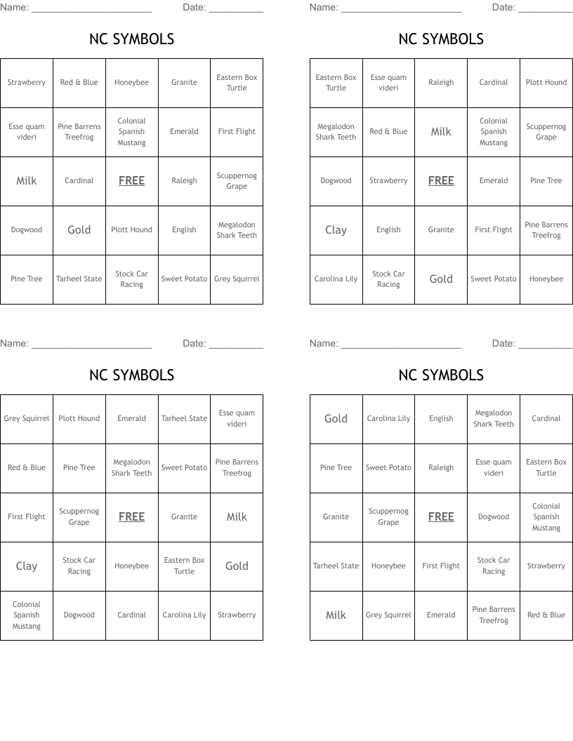NC SYMBOLS Bingo Cards