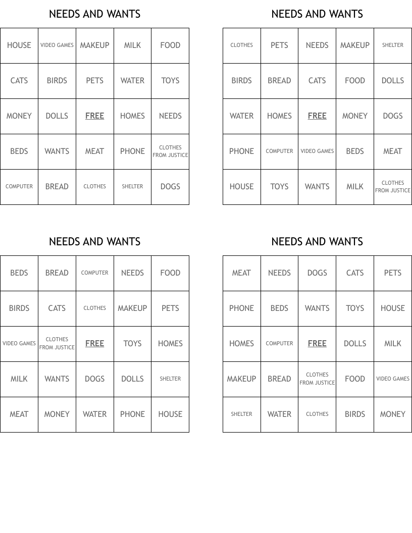 NEEDS AND WANTS Bingo Cards