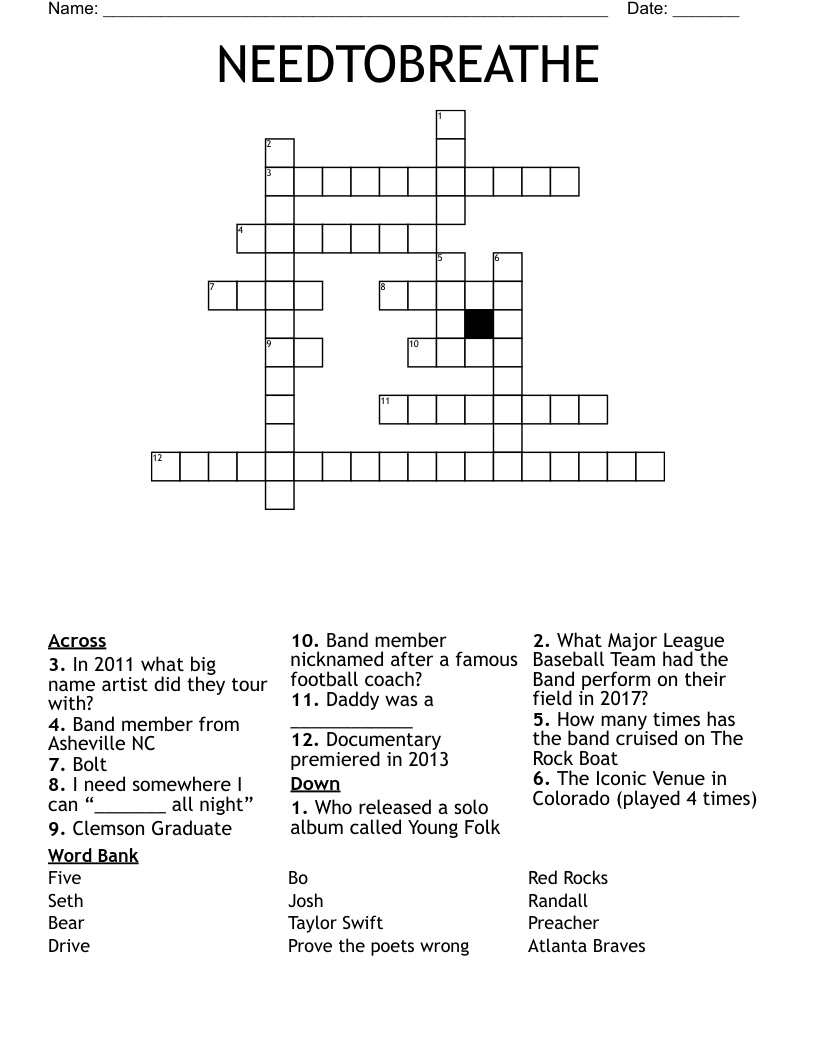 NEEDTOBREATHE Crossword