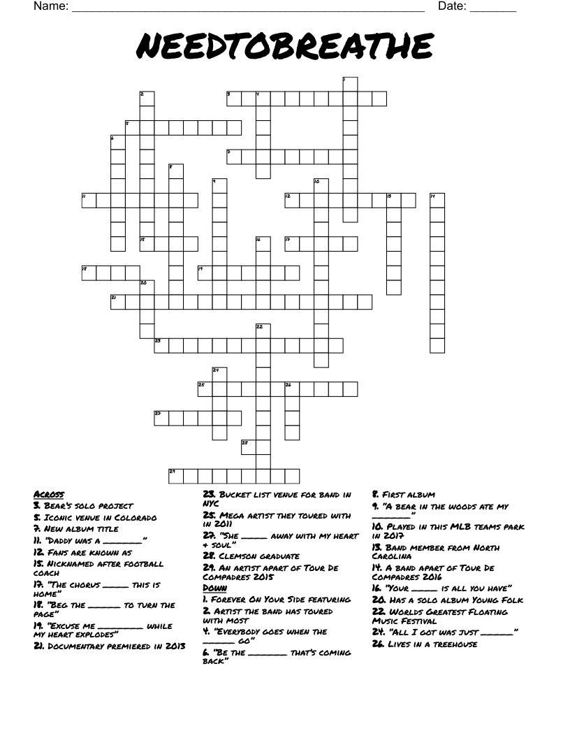NEEDTOBREATHE Crossword