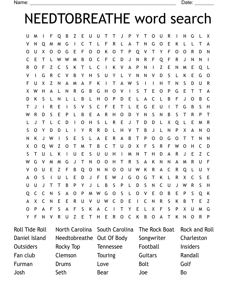 NEEDTOBREATHE word search