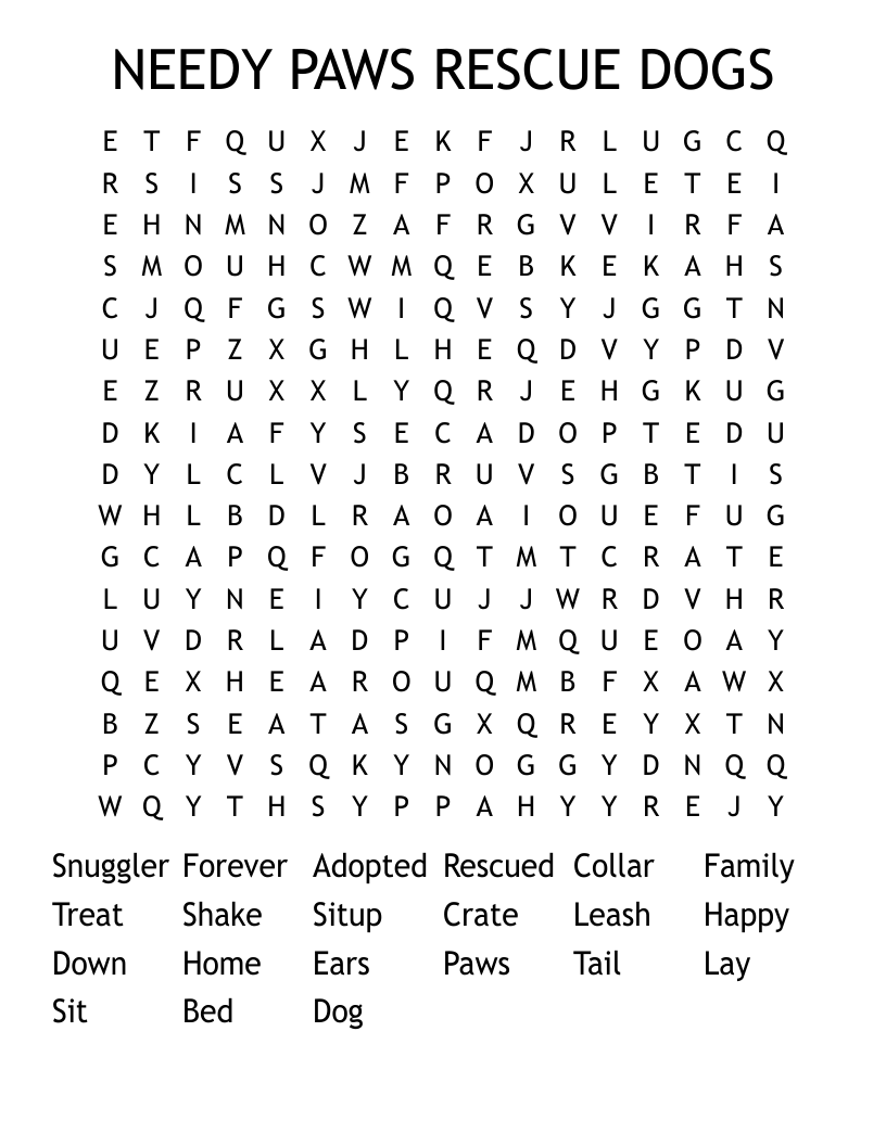 NEEDY PAWS RESCUE DOGS Word Search