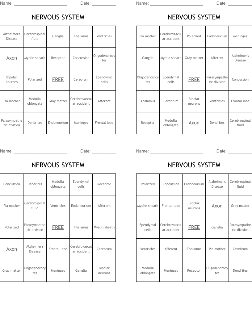 NERVOUS SYSTEM Bingo Cards