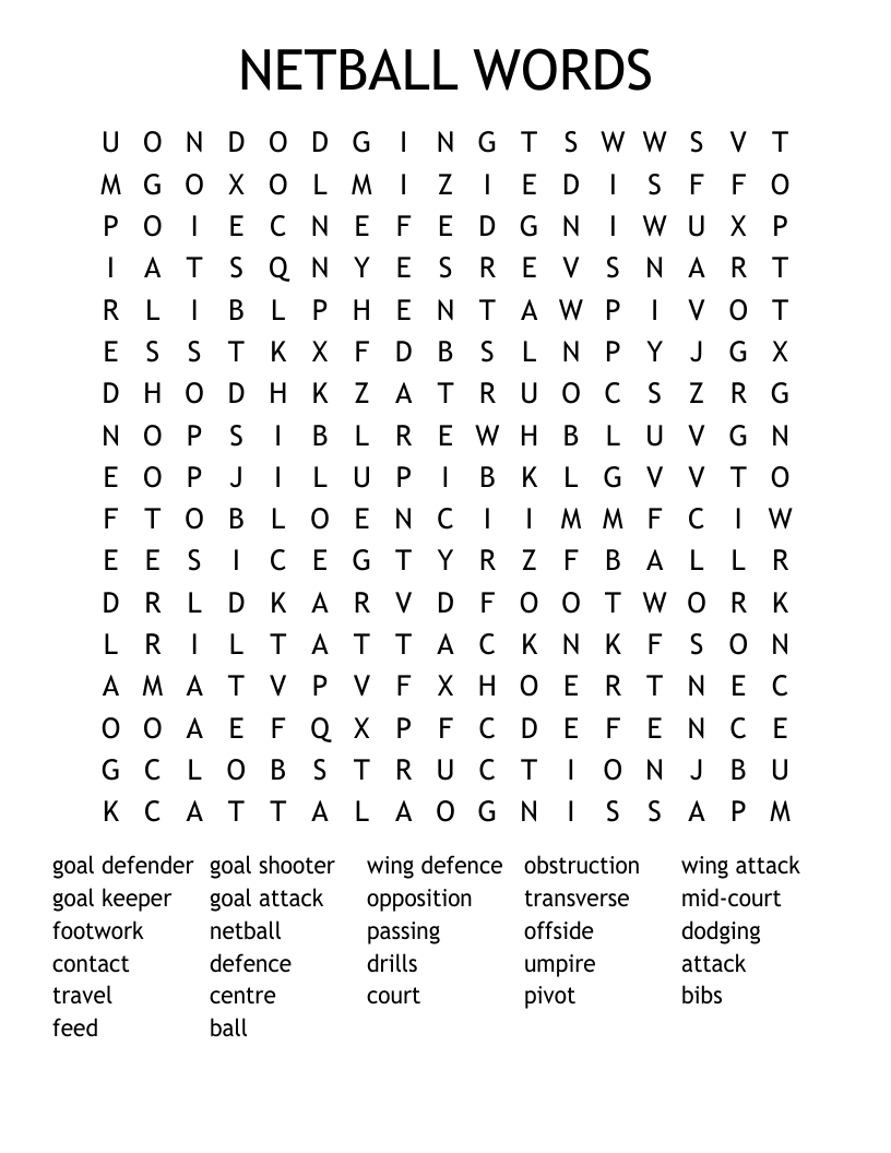 NETBALL WORDS Word Search
