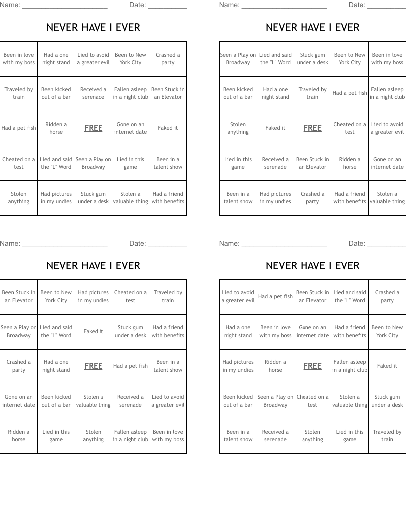 NEVER HAVE I EVER Bingo Cards