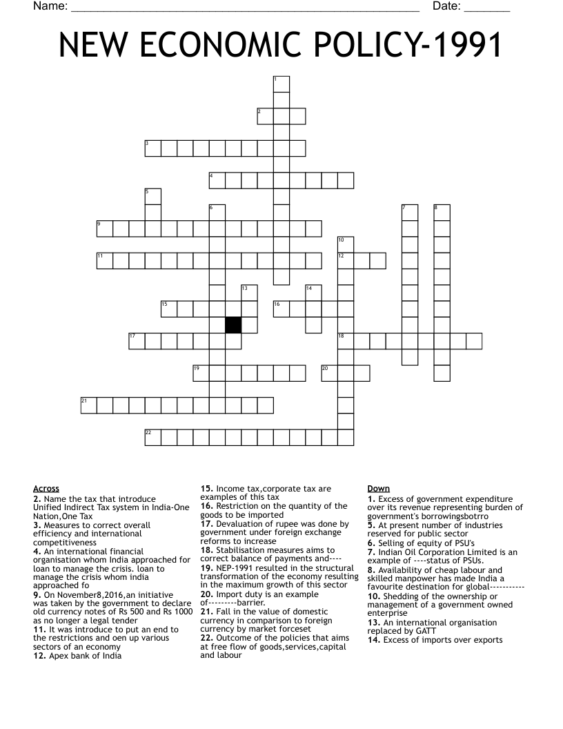 NEW ECONOMIC POLICY-1991 Crossword