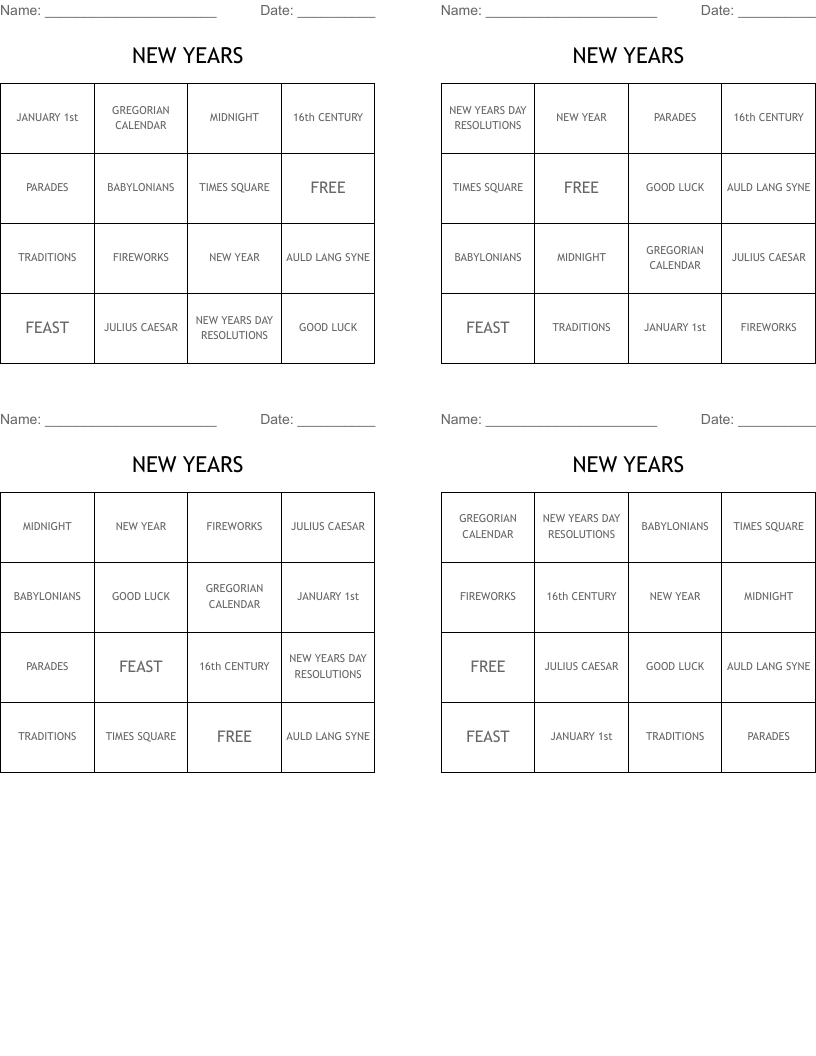 NEW YEARS Bingo Cards