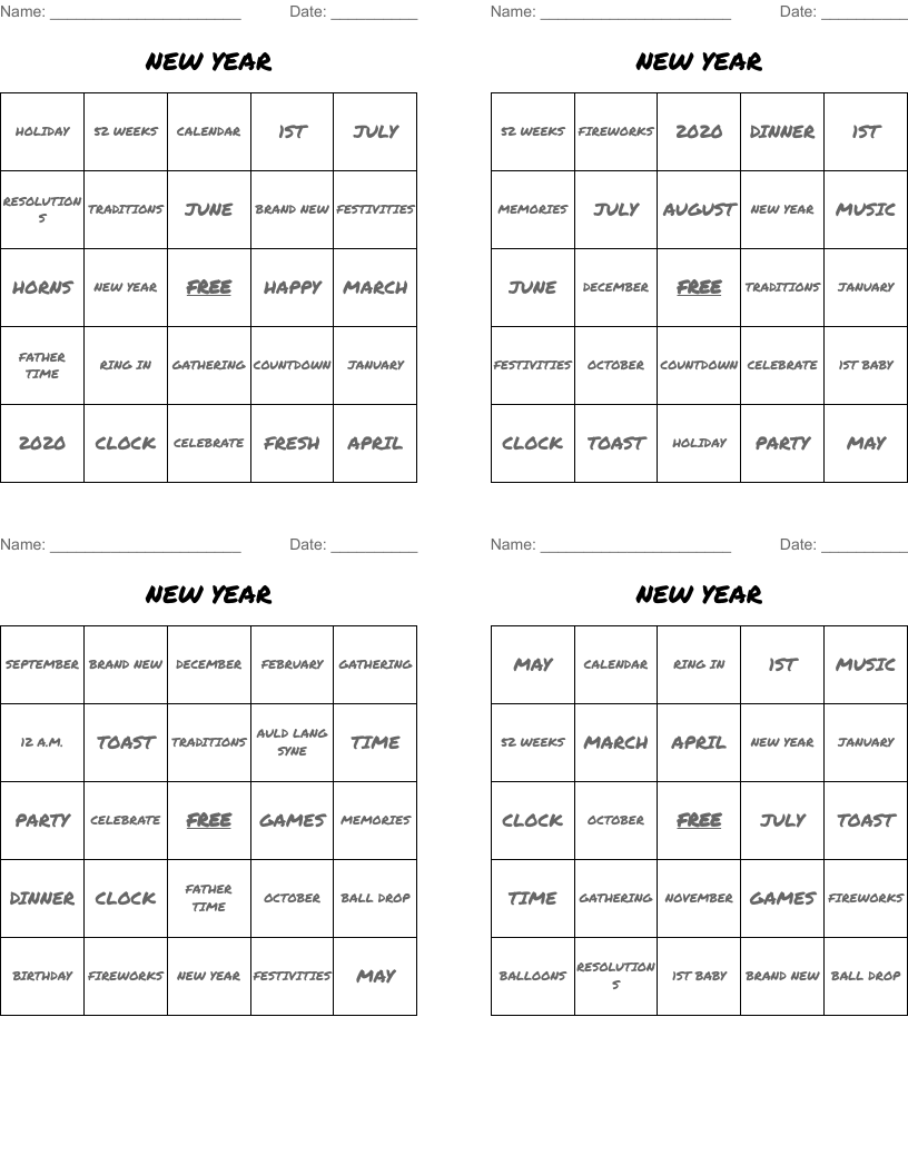 NEW YEAR Bingo Cards