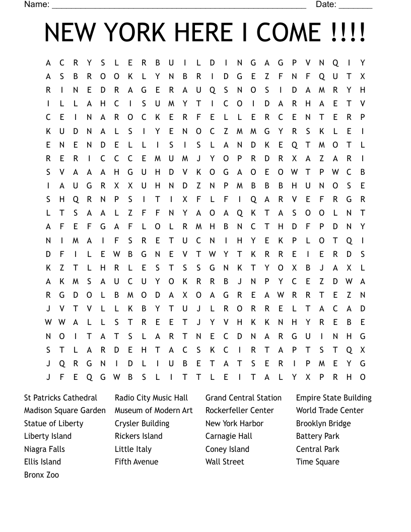 NEW YORK HERE I COME !!!! Word Search