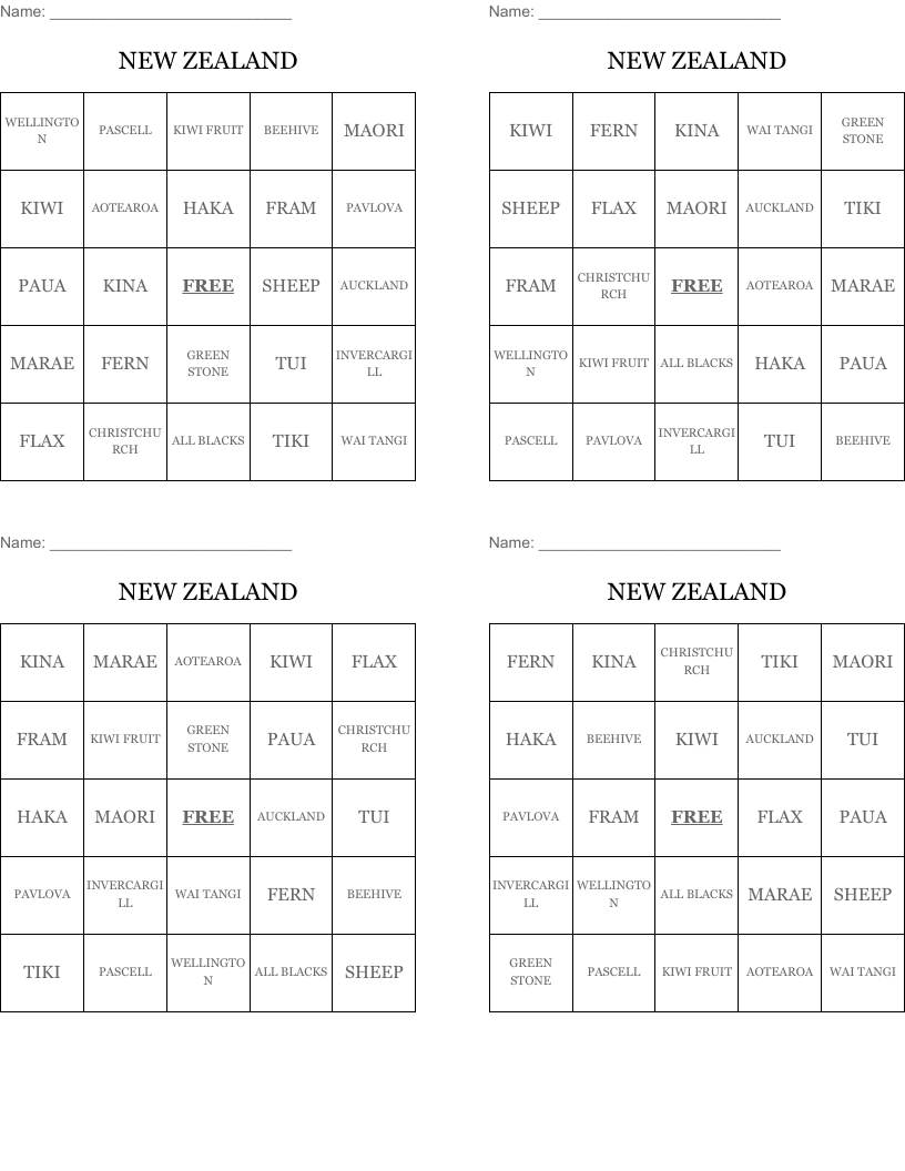 NEW ZEALAND Bingo Cards