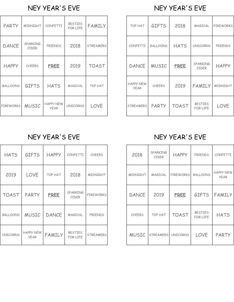 NEY YEAR'S EVE Bingo Cards