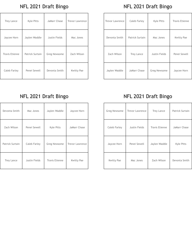 NFL 2021 Draft Bingo