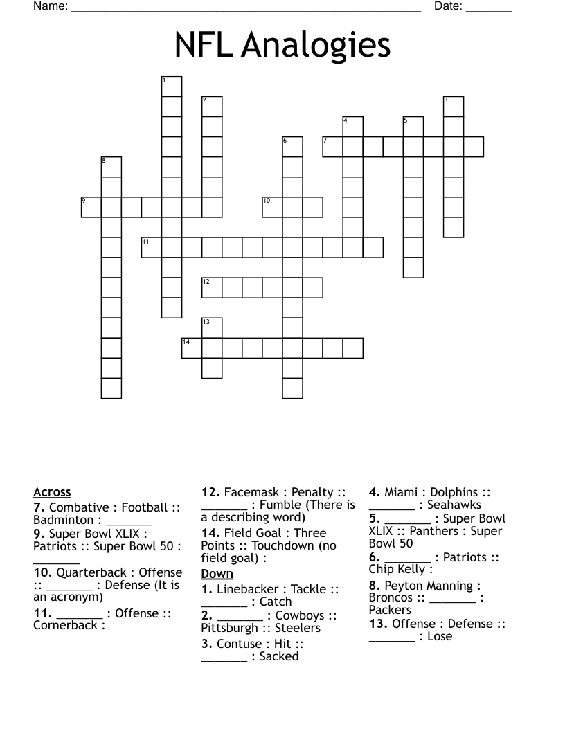 NFL Analogies Crossword