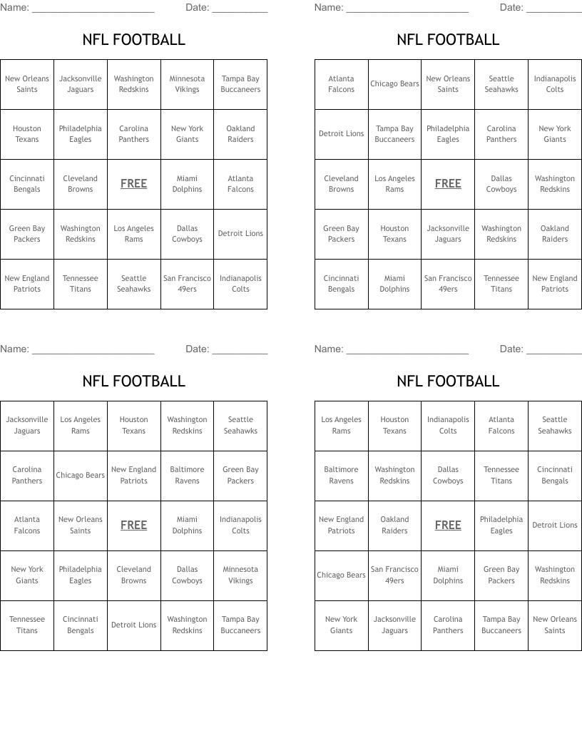 NFL FOOTBALL Bingo Cards