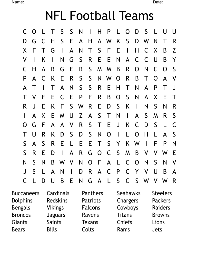 NFL Football Teams Word Search