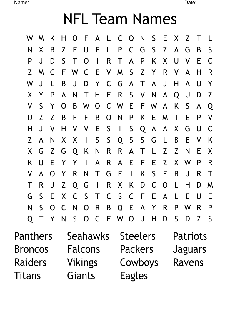 NFL Team Names Word Search