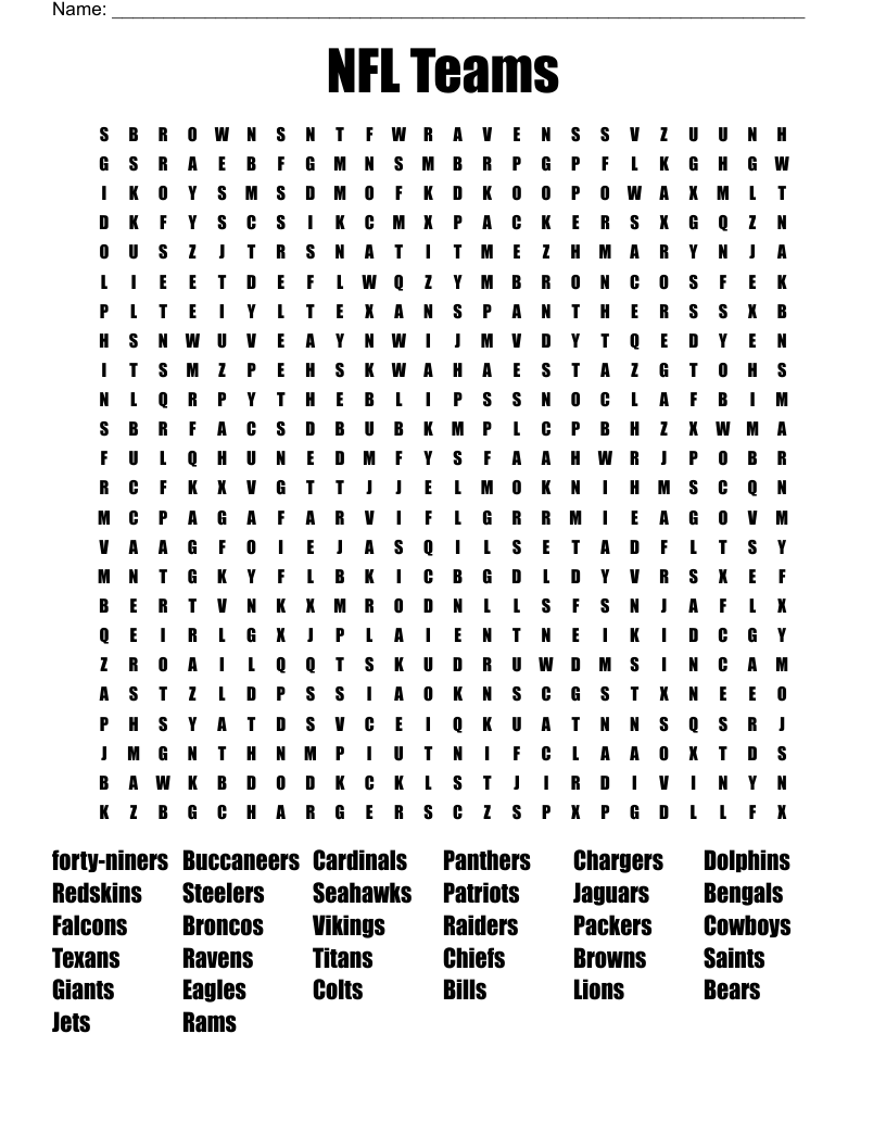 NFL Teams Word Search