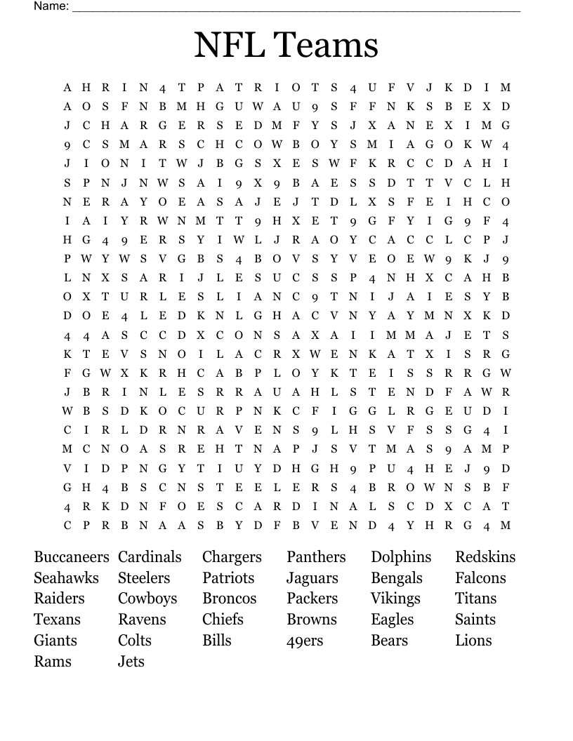 NFL Teams Word Search