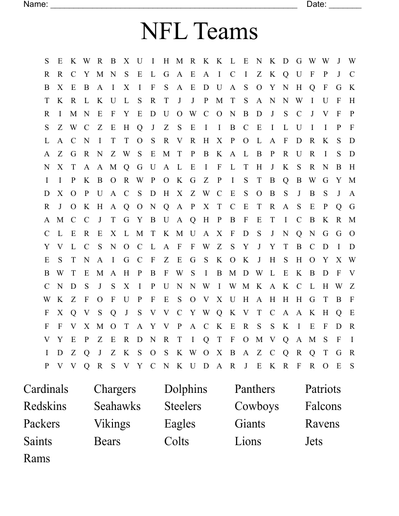 NFL Teams Word Search
