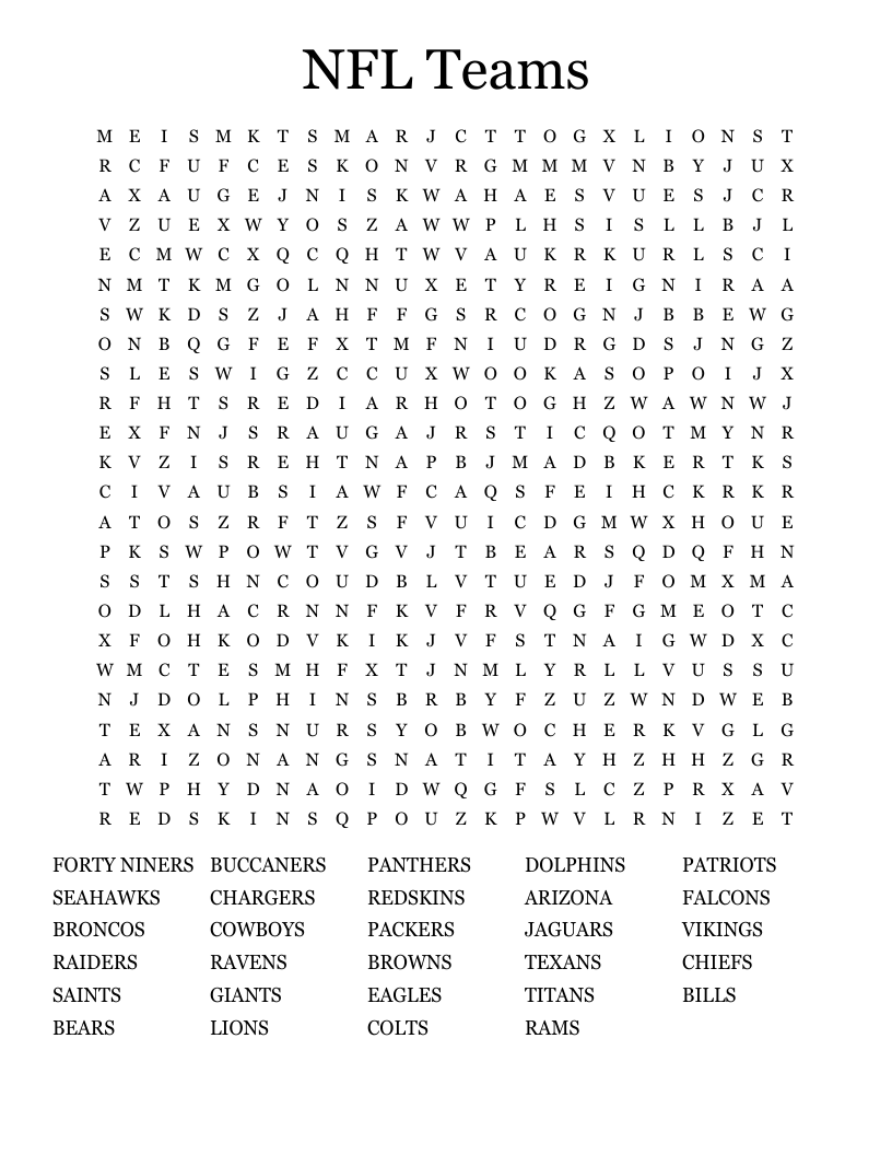 NFL Teams Word Search