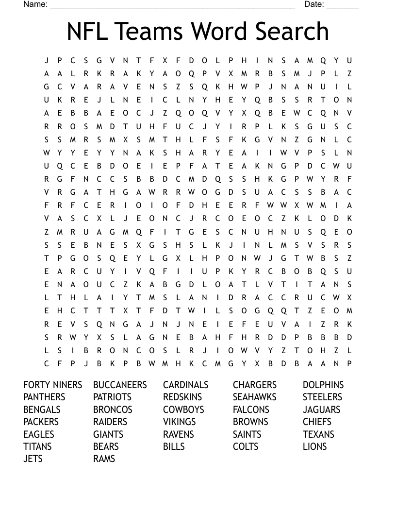NFL Teams Word Search