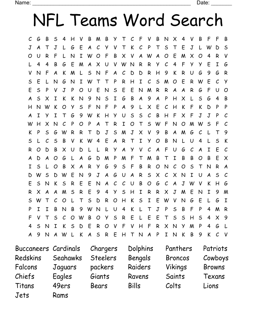NFL Teams Word Search