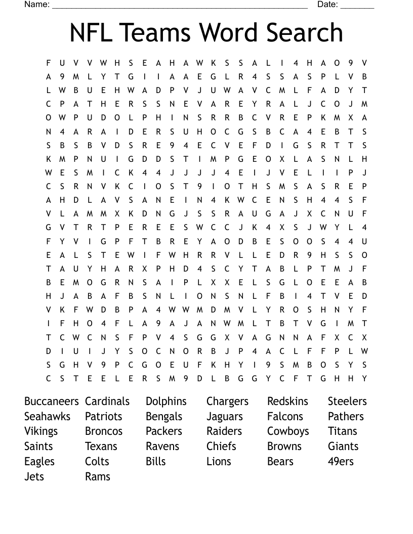 NFL Teams Word Search