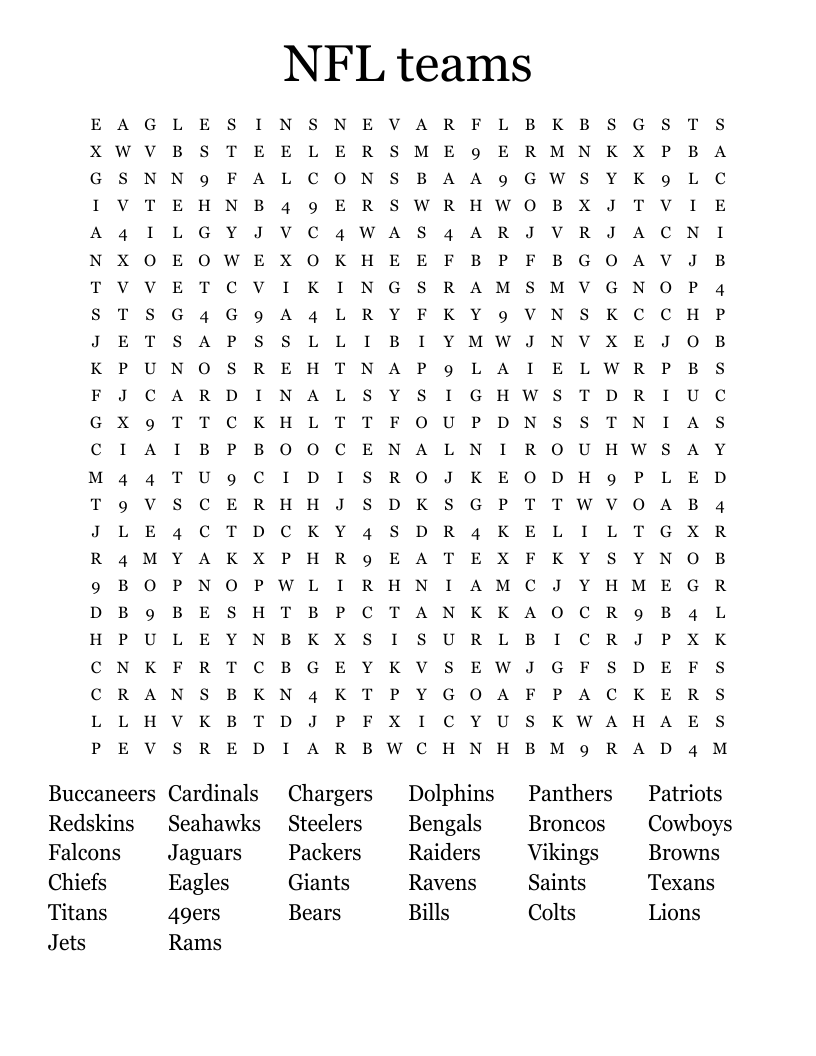 NFL teams Word Search