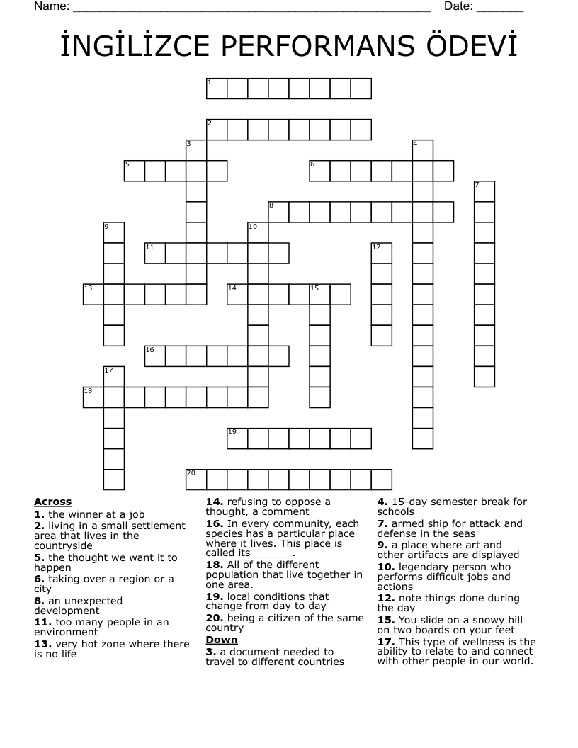 İNGİLİZCE PERFORMANS ÖDEVİ Crossword