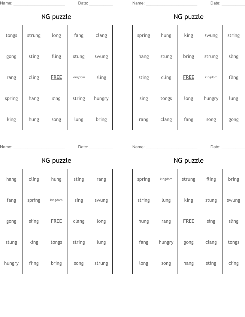 NG  puzzle Bingo Cards