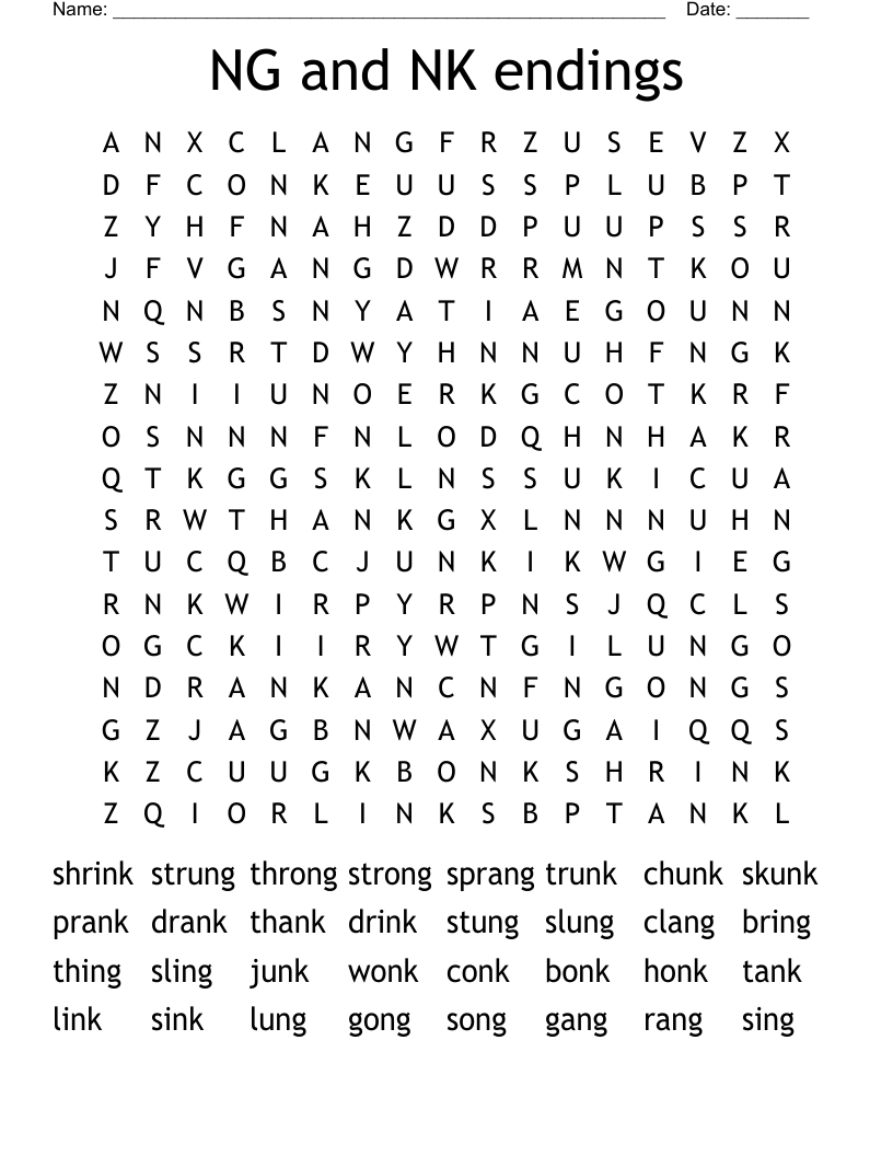 NG and NK endings Word Search