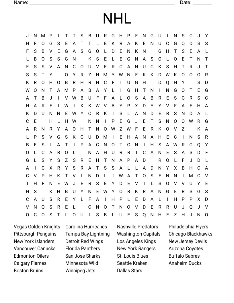 NHL Word Search